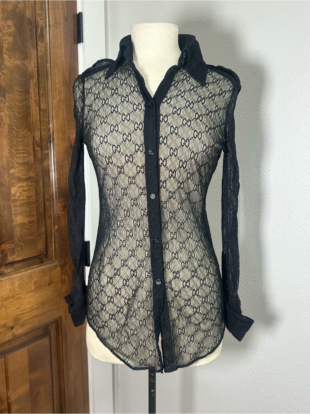 Gucci Black Sheer GG Lace Button-Down Shirt